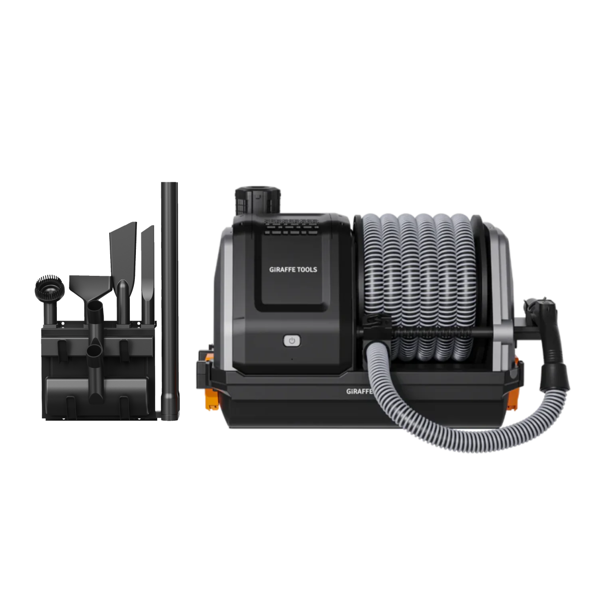 Giraffe Tools Retractable Vacuum Cleaner with 30ft hose. Wall-mounted design, wet & dry use, and auto retraction for effortless garage cleaning.
