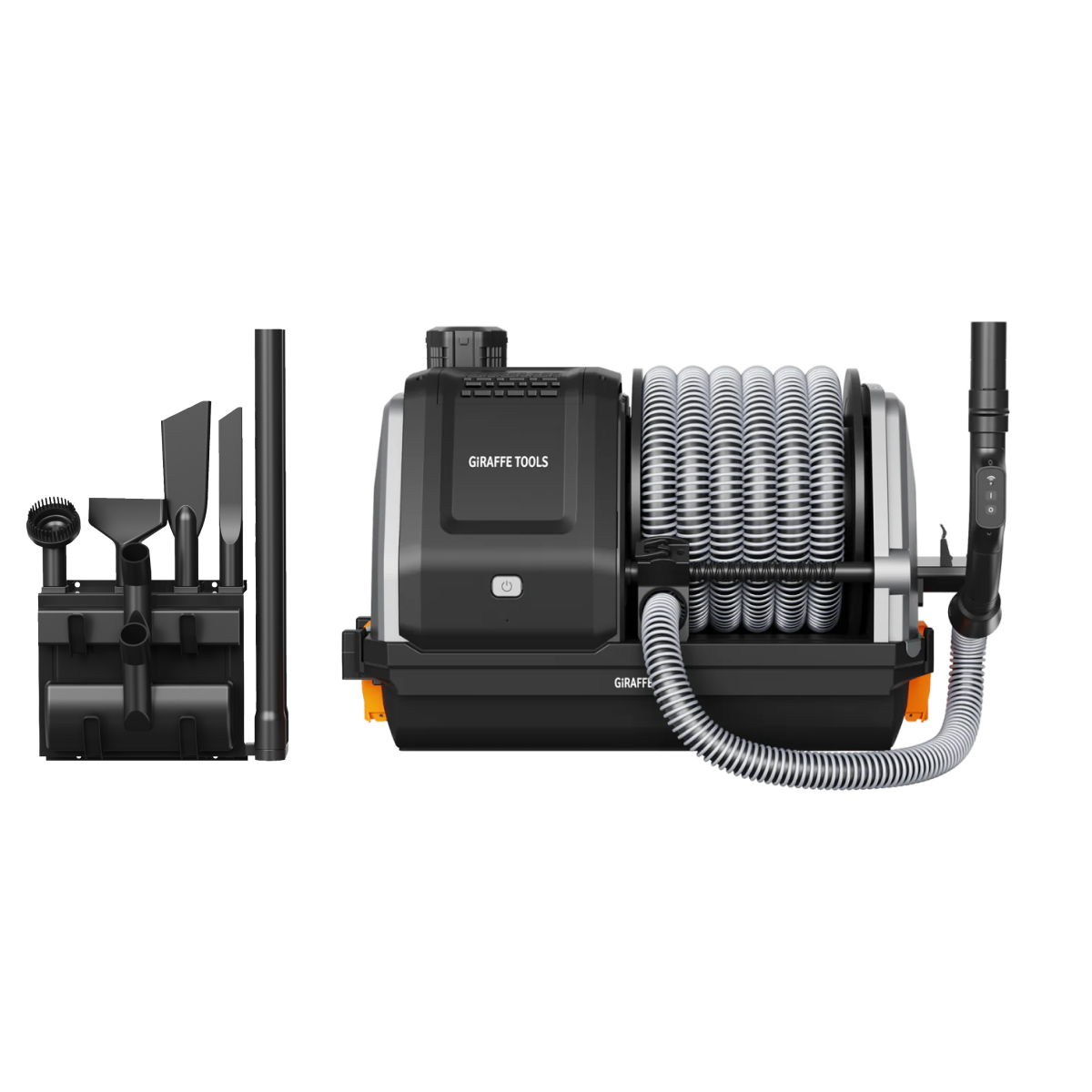 Giraffe Tools Retractable Vacuum Cleaner with 30ft hose. Wall-mounted design, wet & dry use, and auto retraction for effortless garage cleaning.