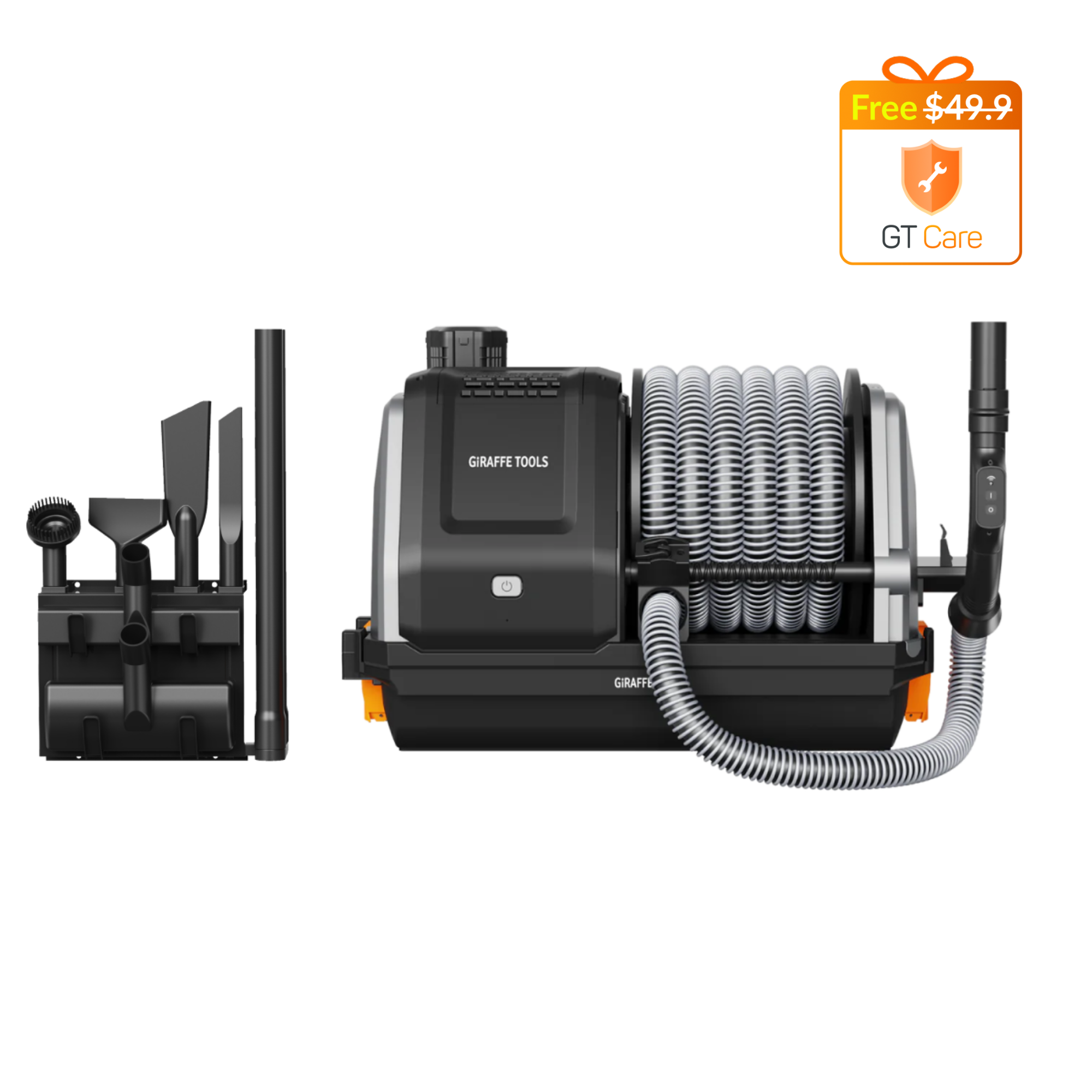 Giraffe Tools Retractable Vacuum Cleaner with 30ft hose. Wall-mounted design, wet & dry use, and auto retraction for effortless garage cleaning.