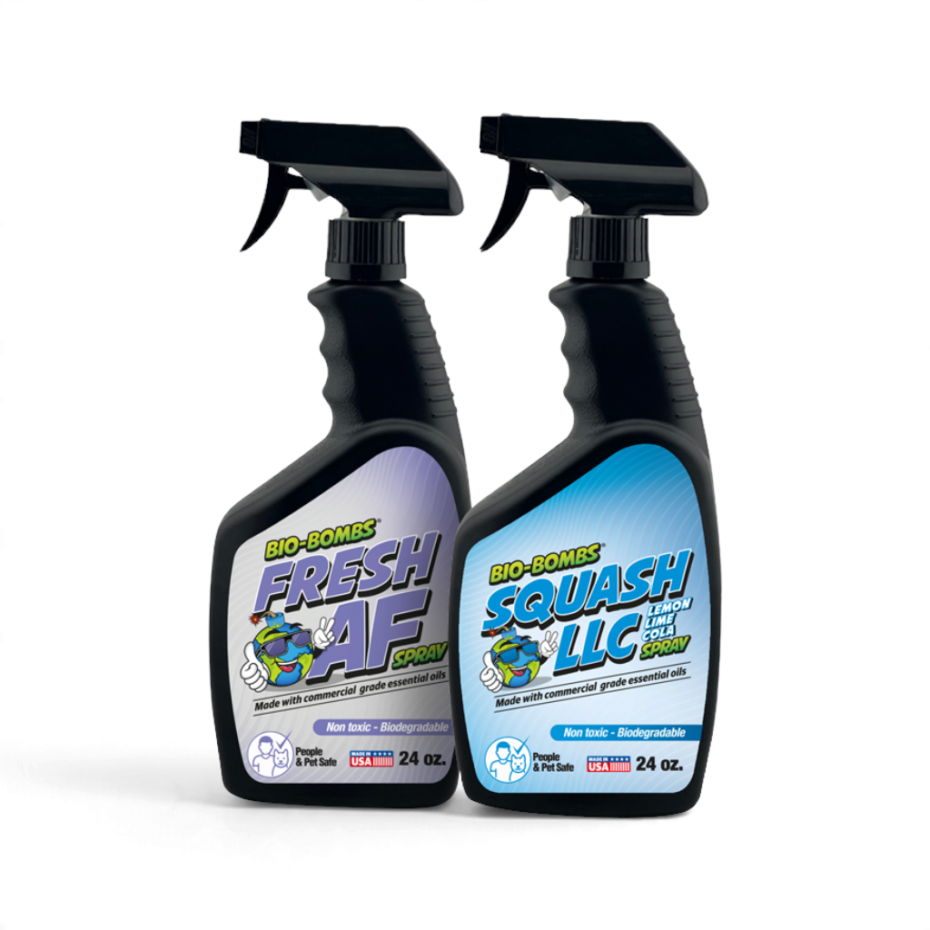That Detail Shop Bio-Bombs air freshener spray bottles in Fresh AF and Squash LLC scents for vehicle interiors.