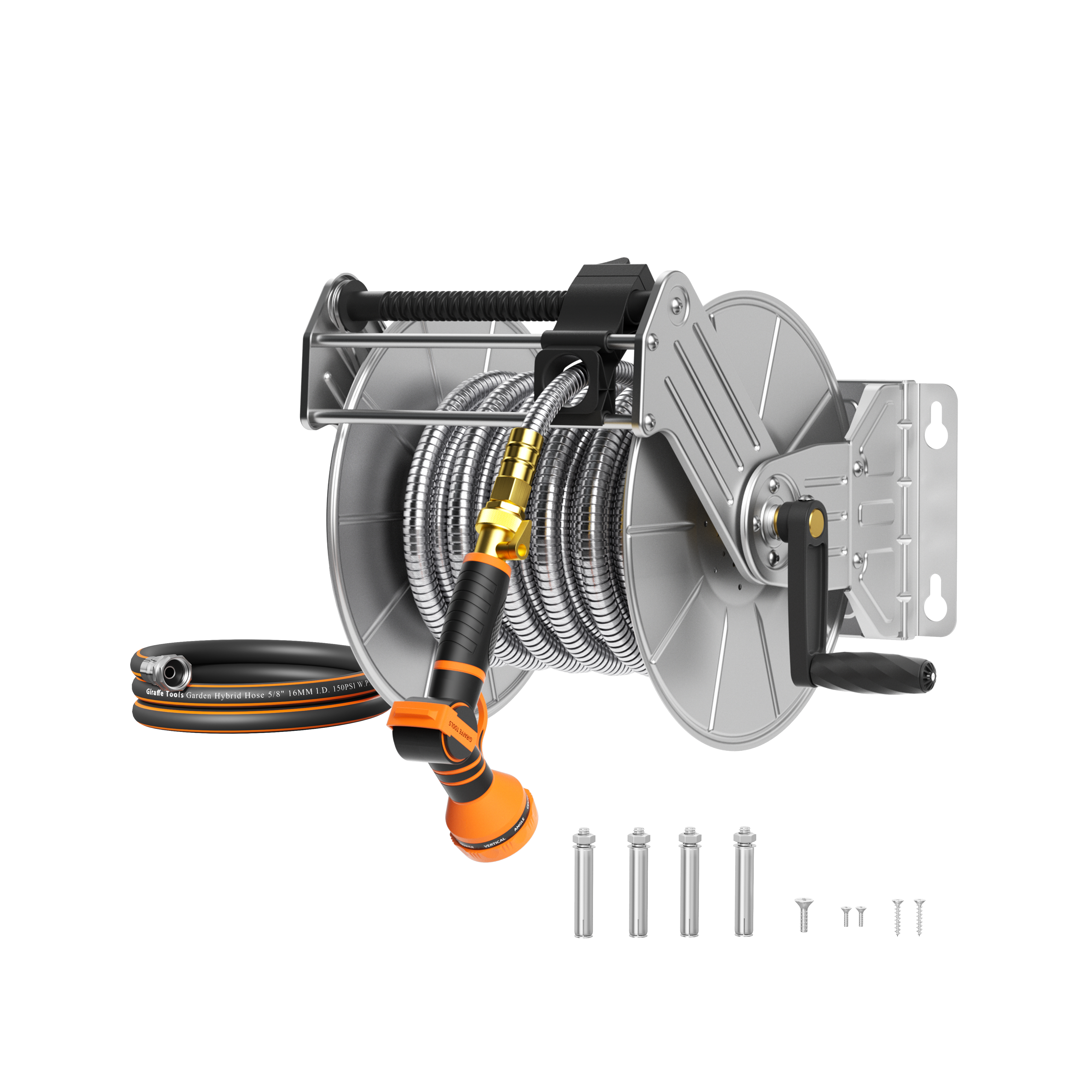 Organize your outdoor space with a 304 stainless steel wall-mounted hose reel from Giraffe Tools. Rust-proof, space-saving design for gardens, garages & patios.