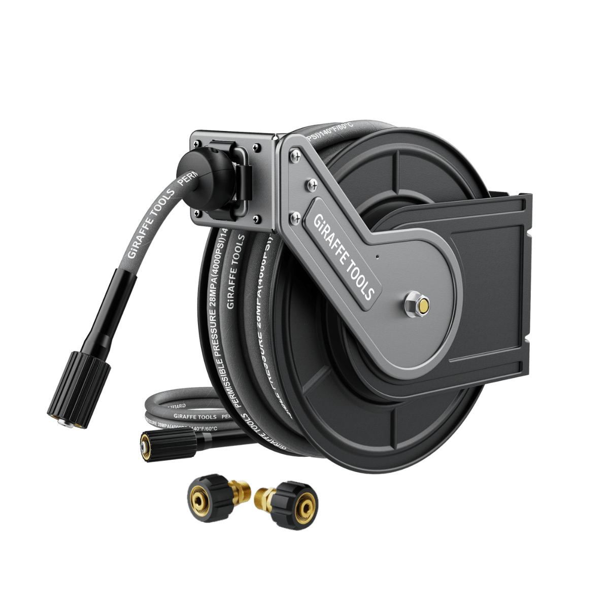 Giraffe Tools Retractable Pressure Hose Reel equipped with a locking mechanism, the hose can be adjusted to any length required, and is oil and