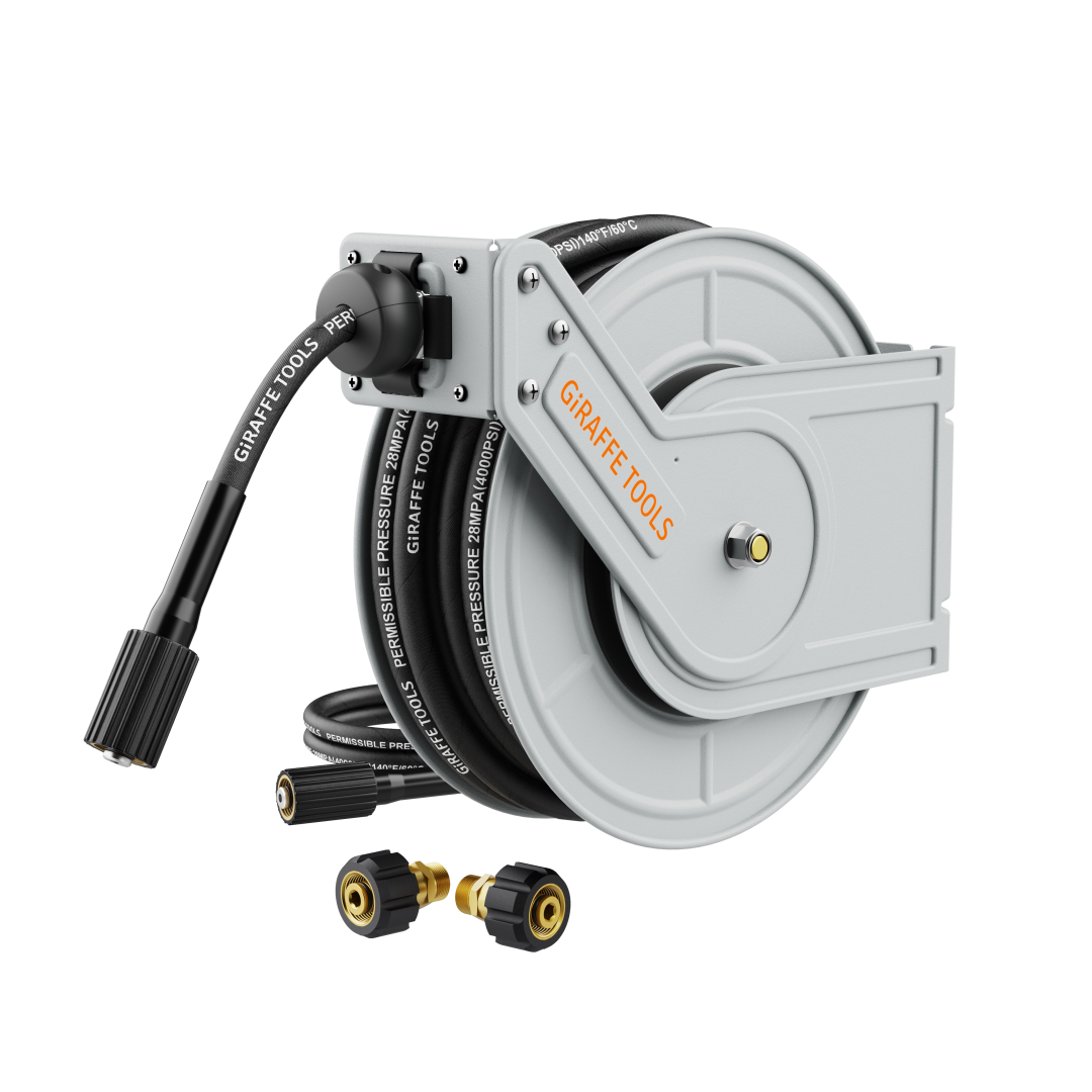 Giraffe Tools Retractable Pressure Hose Reel equipped with a locking mechanism, the hose can be adjusted to any length required, and is oil and