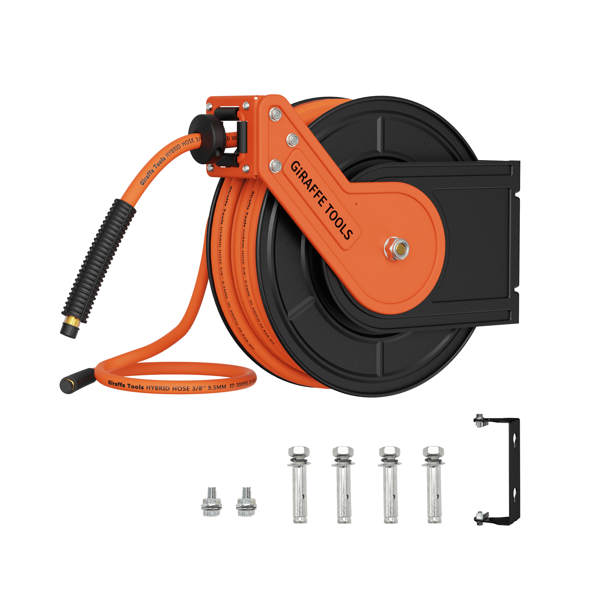 Giraffe Tools air compressor hose reel has a professional-grade all-steel construction, corrosion-resistant powder coat finish for long life and durability.