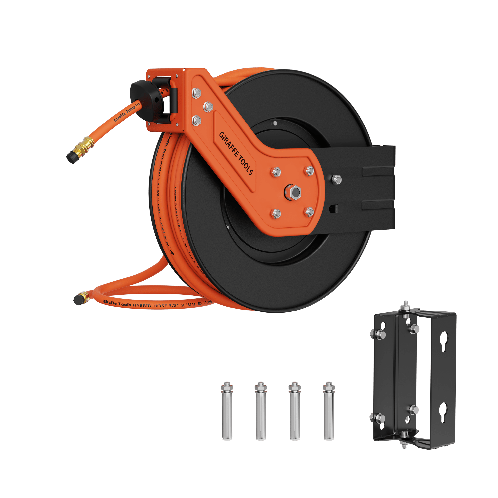 Giraffe Tools air compressor hose reel has a professional-grade all-steel construction, corrosion-resistant powder coat finish for long life and durability.