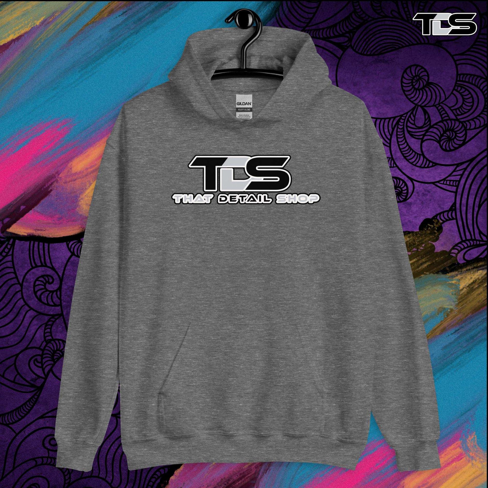 That Detail Shop Cozy Hoodie in Graphite Heather Mock Up Image. The Best Detailing Cozy Hoodie for Auto Detailing. 