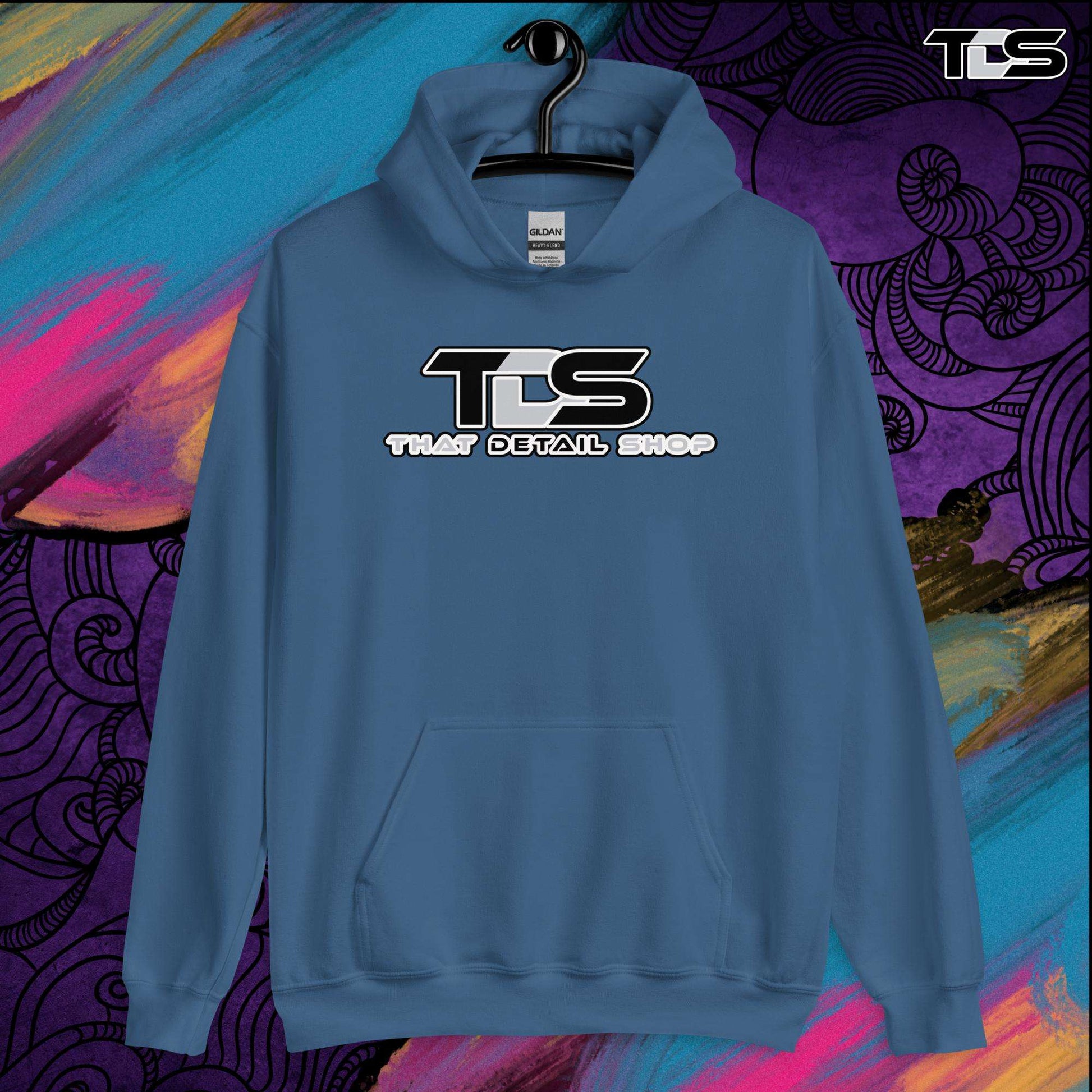 That Detail Shop Cozy Hoodie in Indigo Blue Mock Up Image. The Best Detailing Cozy Hoodie for Auto Detailing. 