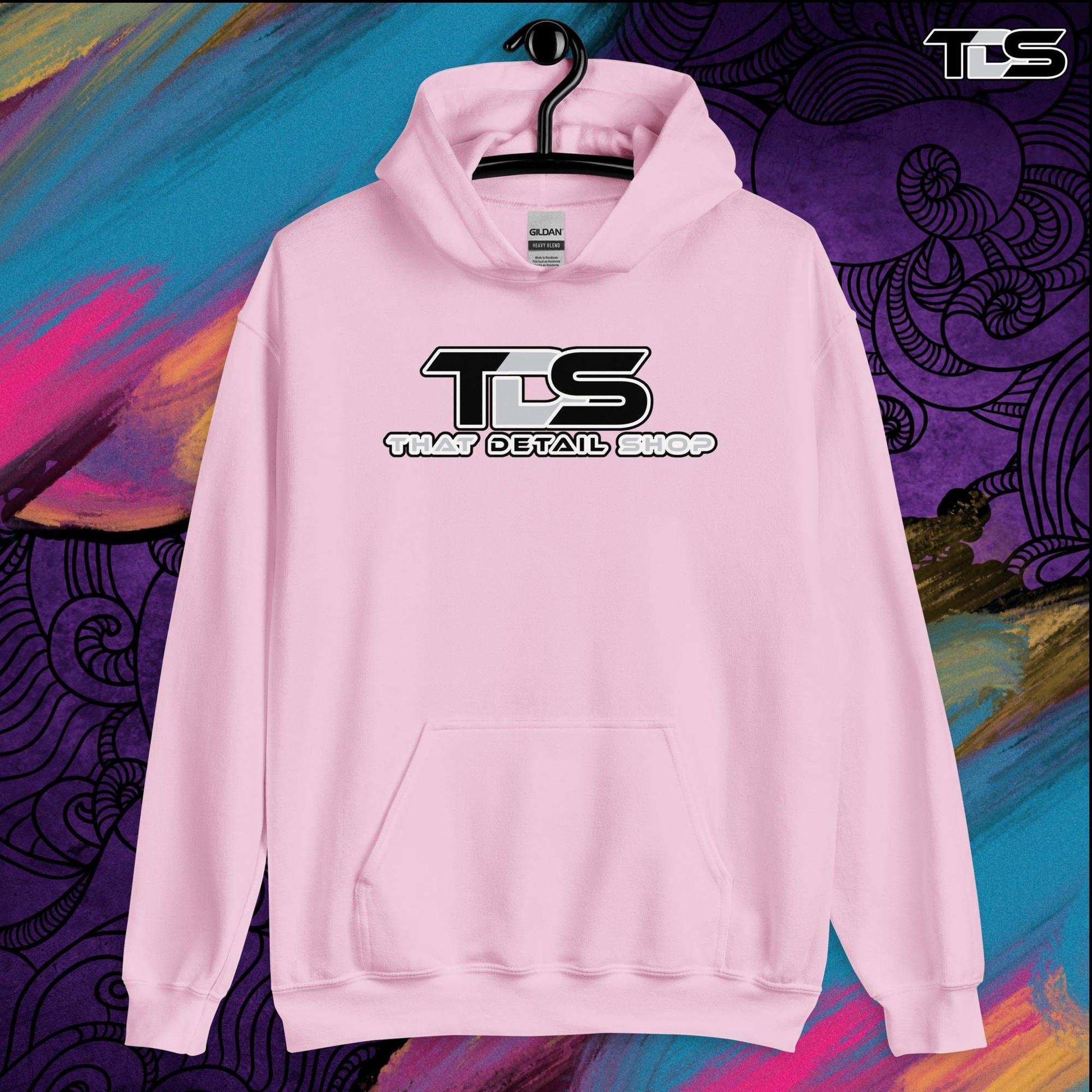 That Detail Shop Cozy Hoodie in Light Pink Mock Up Image. The Best Detailing Cozy Hoodie for Auto Detailing. 