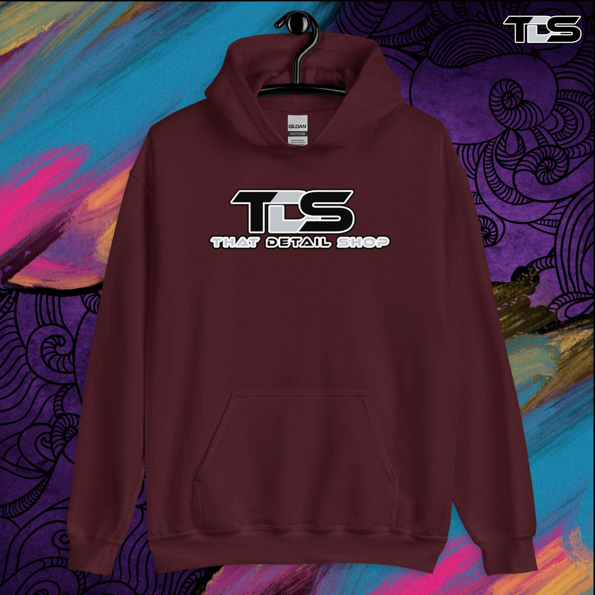 That Detail Shop Cozy Hoodie in Maroon Mock Up Image. The Best Detailing Cozy Hoodie for Auto Detailing. 