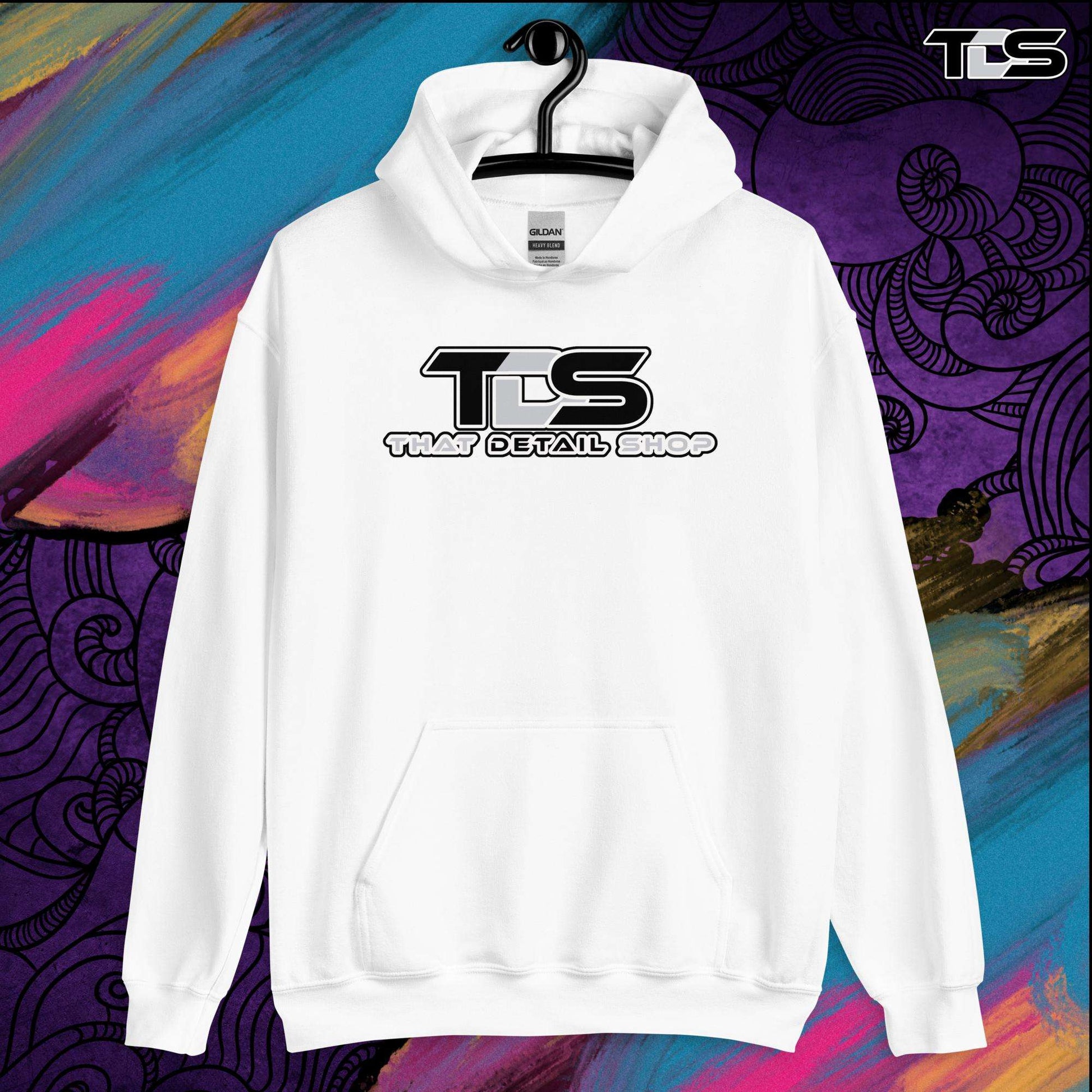 That Detail Shop Cozy Hoodie in White Mock Up Image. The Best Detailing Cozy Hoodie for Auto Detailing. 