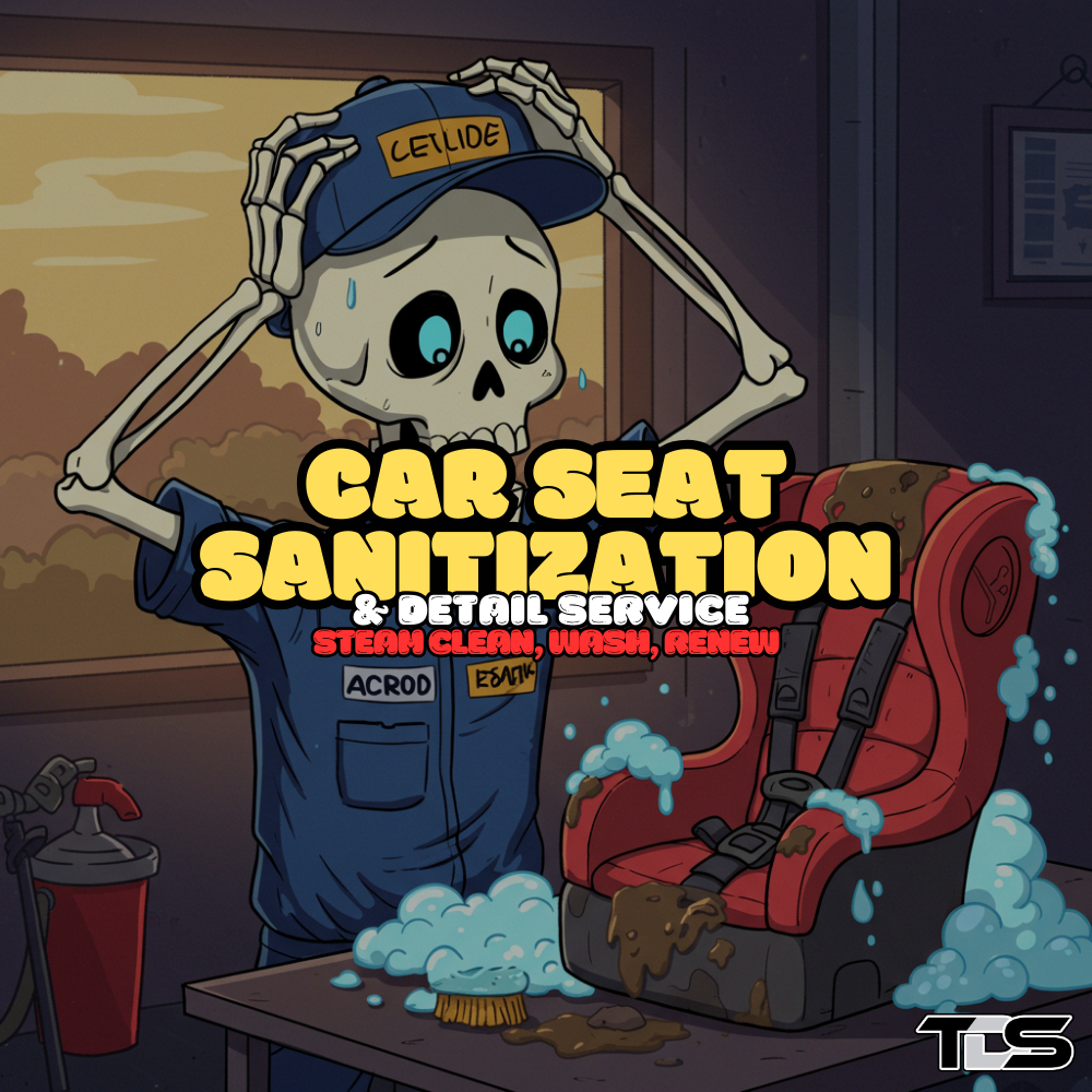 Bright and clean car seat with text reading 'Car Seat Sanitization Service' – offered by That Detail Shop in Evans & Grovetown, GA.