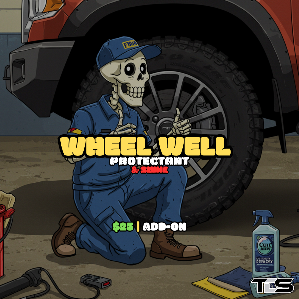 Restored and shiny truck wheel well with text reading 'Wheel Well Protectant & Shine Service' by That Detail Shop.