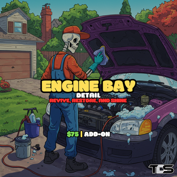 Spotless engine bay with text reading 'Engine Bay Detailing Service' – offered by That Detail Shop in Evans & Grovetown, GA.