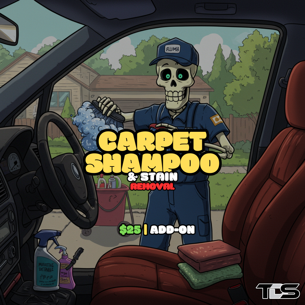 Clean car carpet with text reading 'Carpet Stain Removal & Shampoo Service' – offered by That Detail Shop.