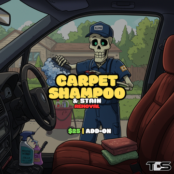 Clean car carpet with text reading 'Carpet Stain Removal & Shampoo Service' – offered by That Detail Shop.