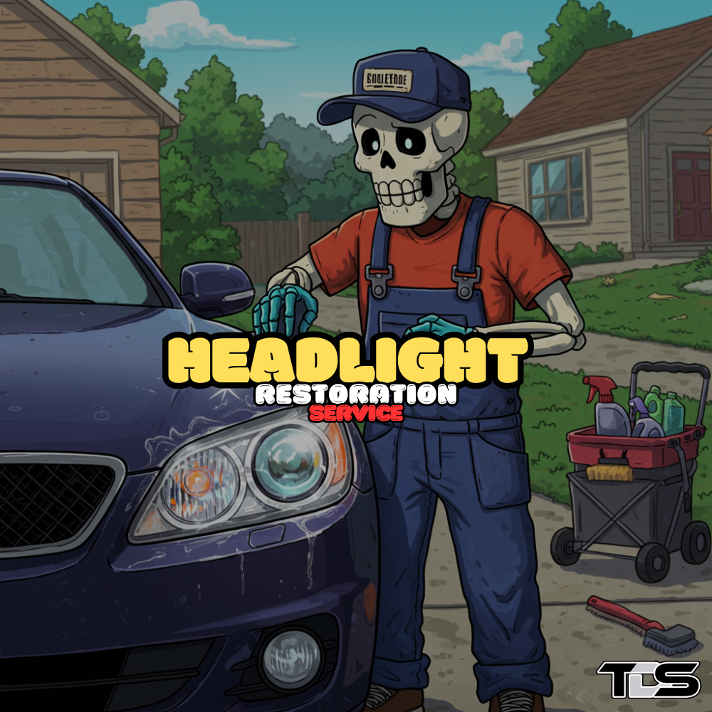 Restored car headlights with text reading 'Headlight Restoration Service' – offered by That Detail Shop