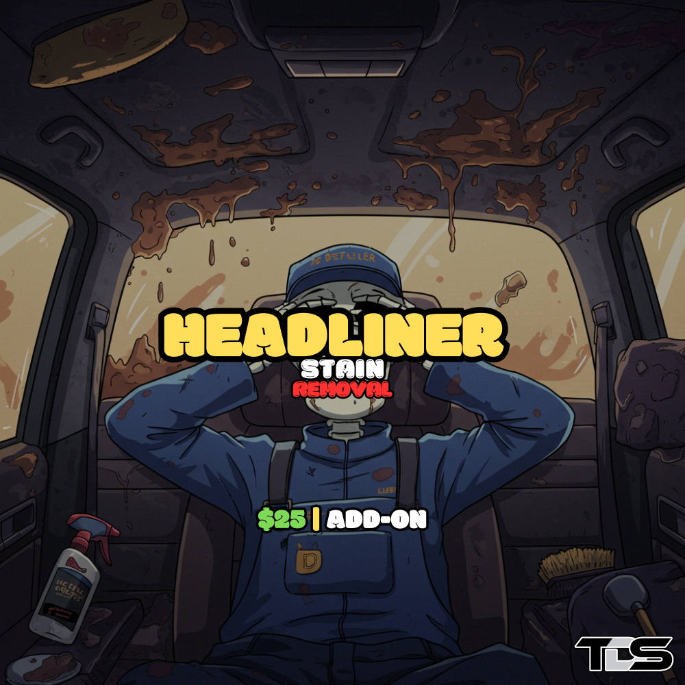 Close-up of a car headliner being cleaned with text reading 'Headliner Stain Removal Service' – offered by That Detail Shop.