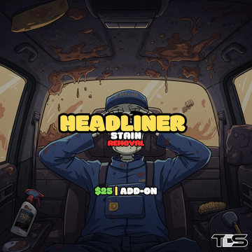 Close-up of a car headliner being cleaned with text reading 'Headliner Stain Removal Service' – offered by That Detail Shop.