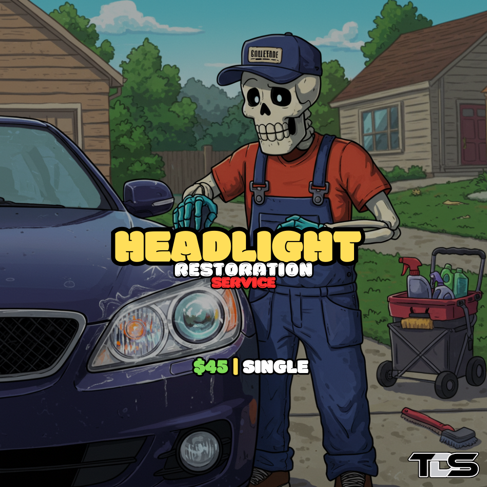 Restored car headlights with text reading 'Headlight Restoration Service' – offered by That Detail Shop