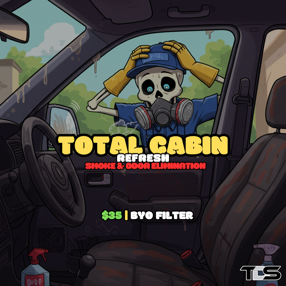 Clean and refreshed car interior with text reading Total Cabin Refresh – Smoke & Odor Elimination' offered by That Detail Shop