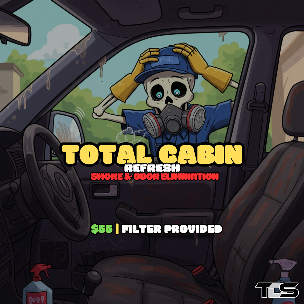 Clean and refreshed car interior with text reading Total Cabin Refresh Filter Provided– Smoke & Odor Elimination' offered by That Detail Shop.