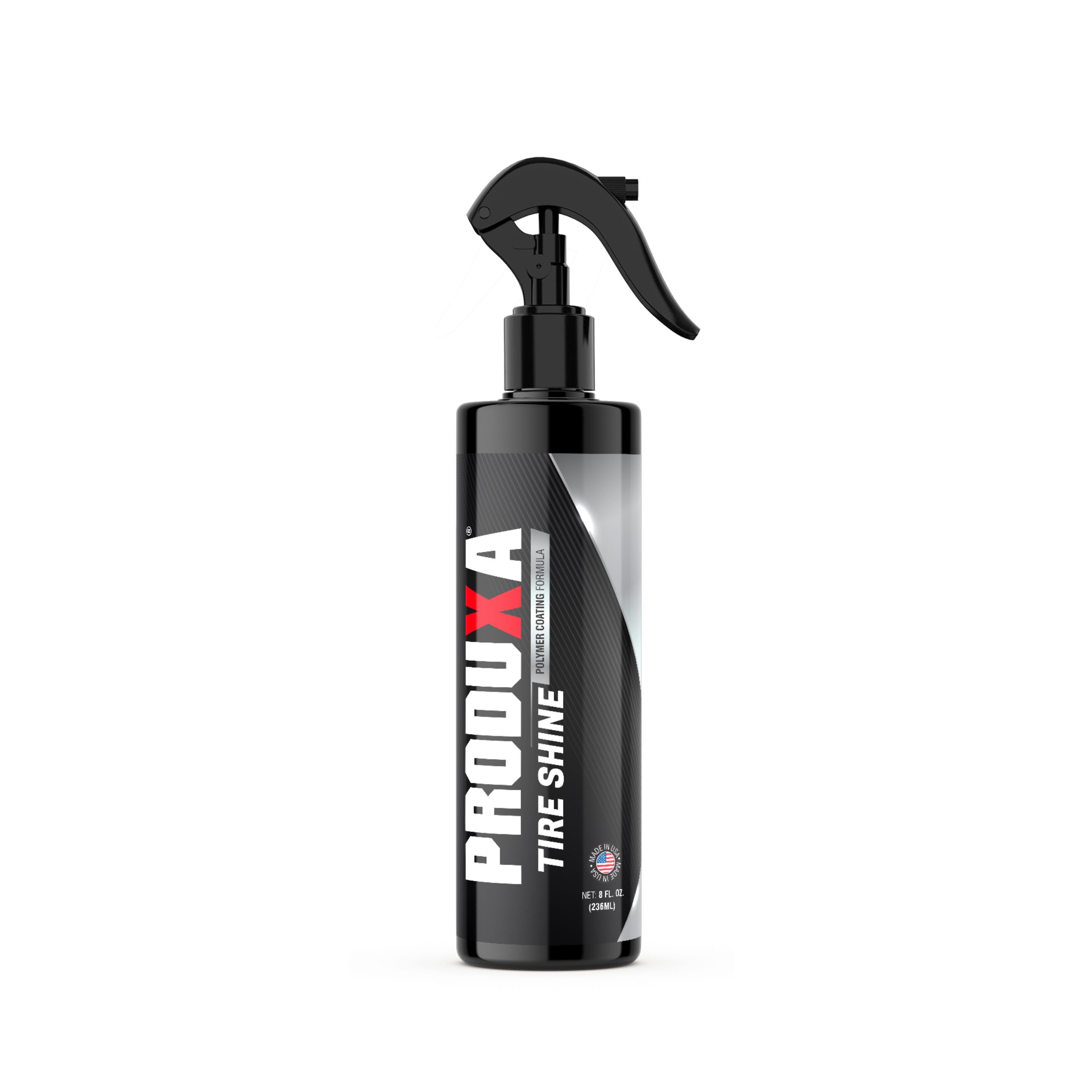 Black spray bottle labeled 'PRODUXA Tire Shine' on a white background
