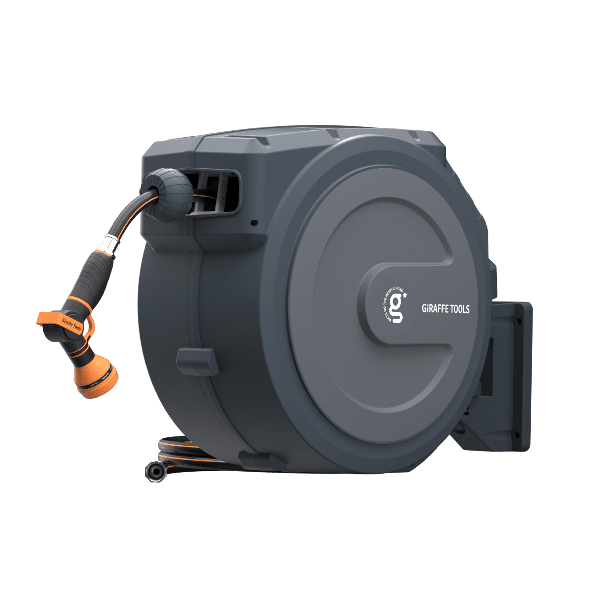 Giraffe Tools retractable garden hose reel delivers a one-stop watering solution—wall-mounted, auto-rewind, and adjustable for effortless use.