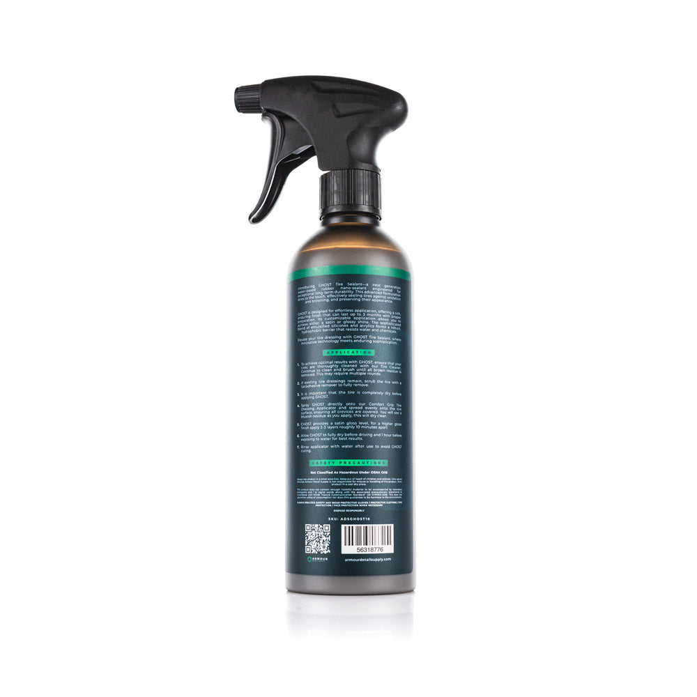 Back label of Armour Detail Supply GHOST Tire Sealant 16 oz spray bottle.