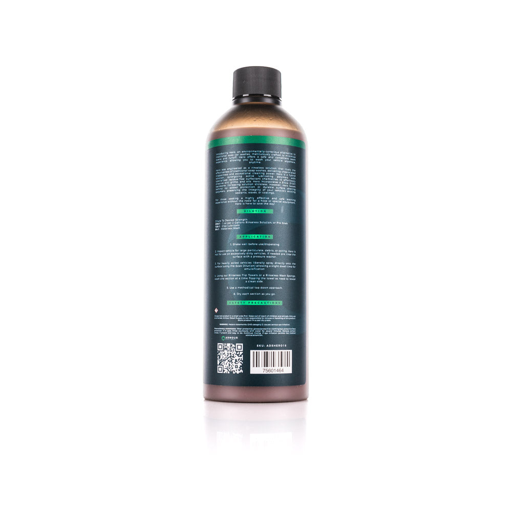 Back label of Armour Detail Supply HERO Rinseless Wash 16 oz bottle.