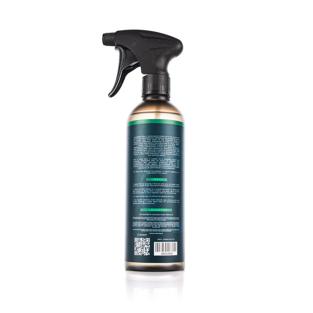 Back label of Armour Detail Supply PILOT Interior Detailer 16 oz spray bottle.