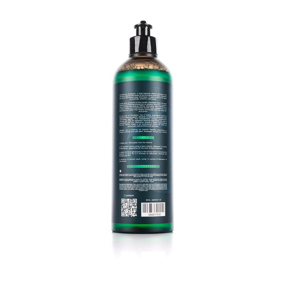 Back label of Armour Detail Supply SHAMPOO+ Car Shampoo 16 oz bottle.