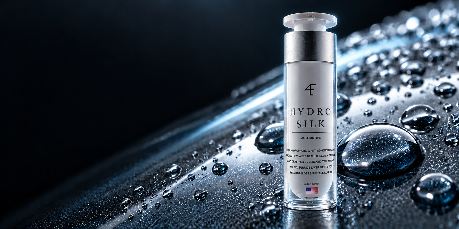 Hydro Silk pump bottle on a modern dark water-beading background, with no overlaid headline or offer text