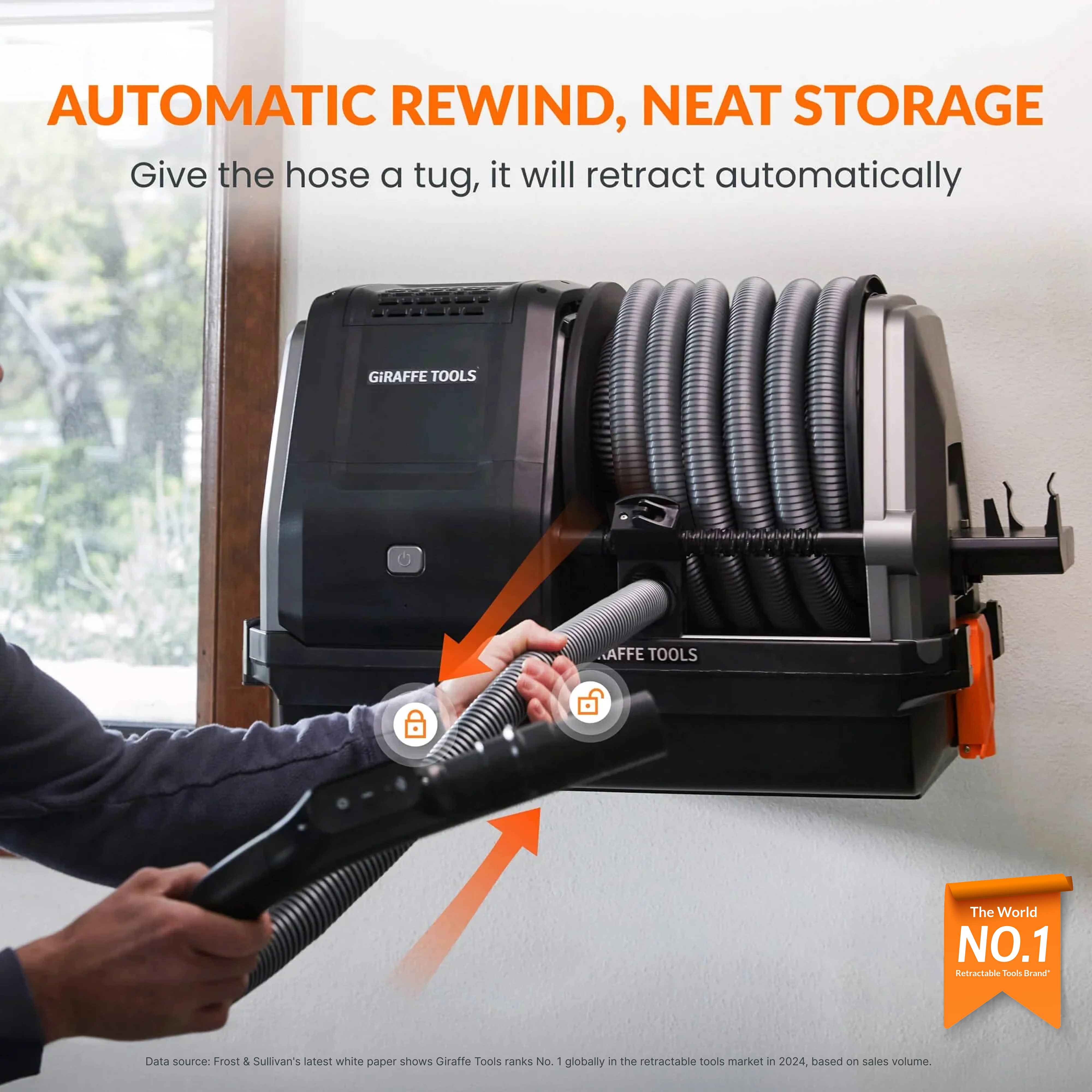 Giraffe Tools Retractable Vacuum Cleaner with 30ft hose. Wall-mounted design, wet & dry use, and auto retraction for effortless garage cleaning.