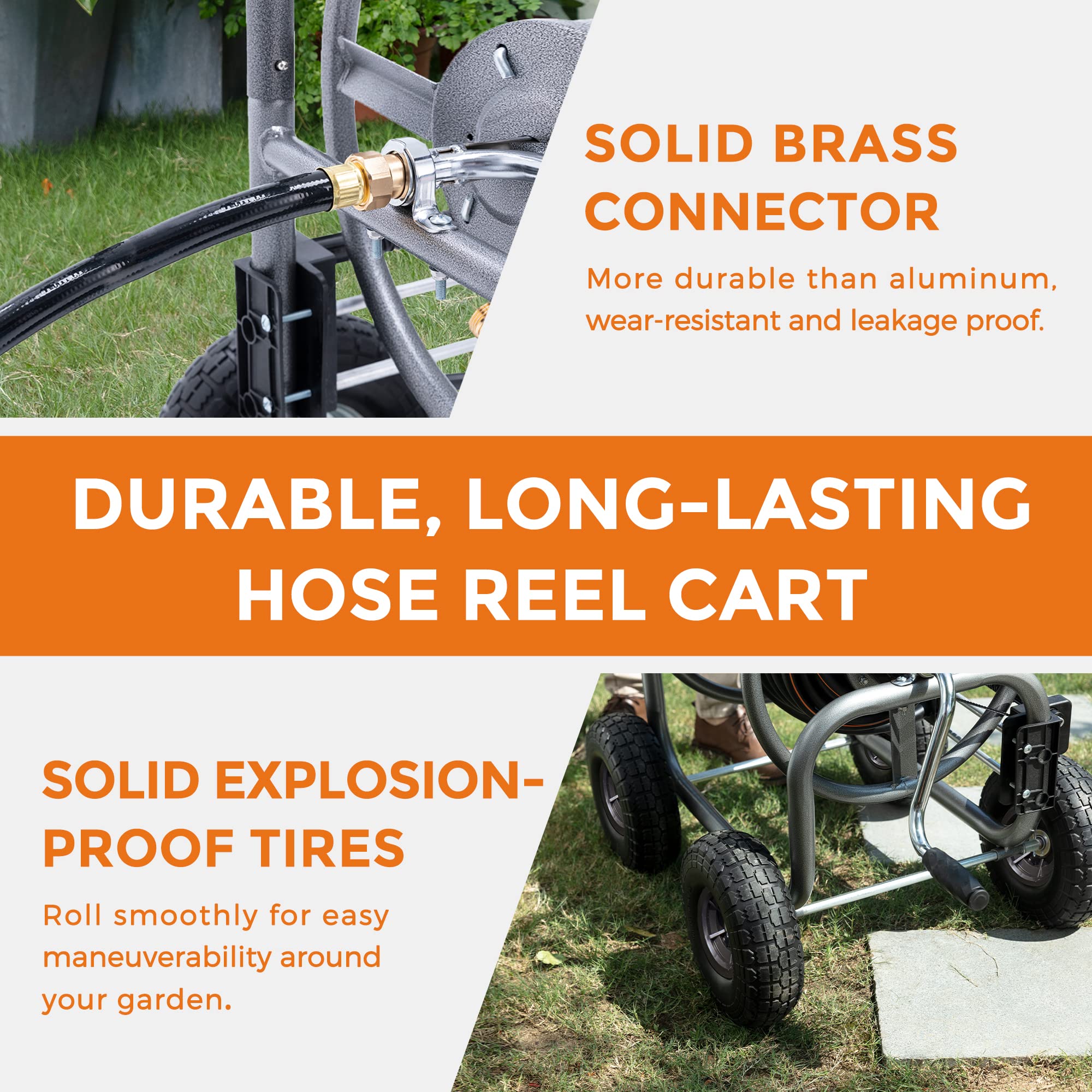 The garden hose cart has a unique guide system and the high-quality materials,which can hold up to 250 feet of 5/8 inch hose.
