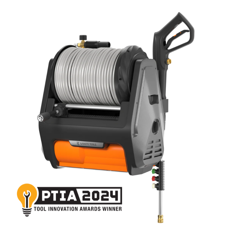 Discover the Giraffe Tools Grandfalls Electric Wall Mount Pressure Washer Pro with a durable 100ft retractable hose. Perfect for cleaning patios, cars