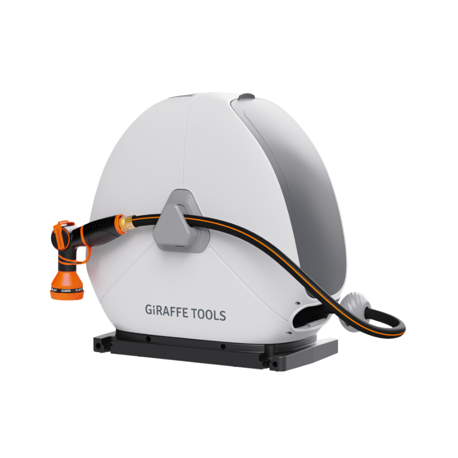 Enjoy no-drill, auto-rewind watering with the Giraffe Tools Ground-Mounted Retractable Hose Reel. Perfect for lawns, patios, and concrete—tidy, durable, and
