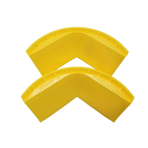 Two yellow Hozeez hose guides showing their curved shape on a white background