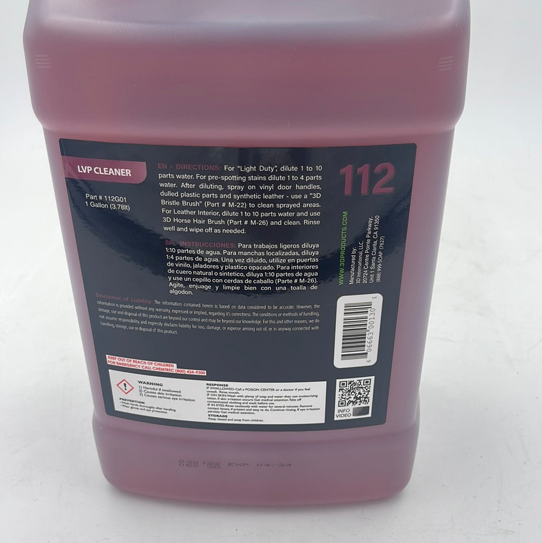 3D LVP Interior Cleaner 1 Gallon - back label and directions