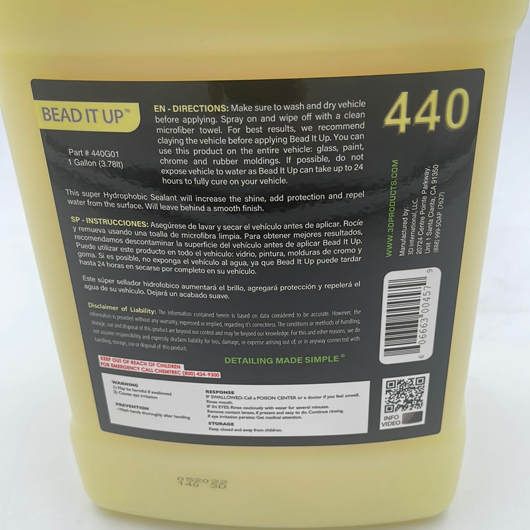 3D Bead It Up Spray Sealant 1 Gallon - back label and directions