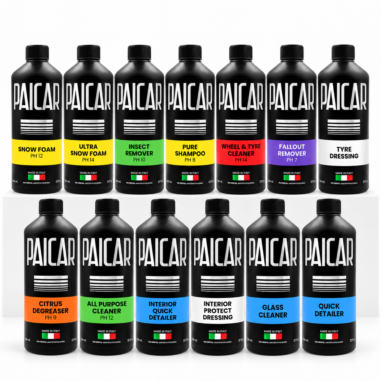 PAICAR Complete 13-Bottle Bundle, one of each car-care product arranged in two tiers on a white background.
