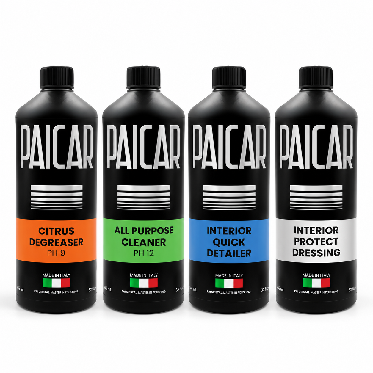 PAICAR Interior Care Bundle with Citrus Degreaser, All Purpose Cleaner, Interior Quick Detailer and Interior Protect Dressing on a white background.