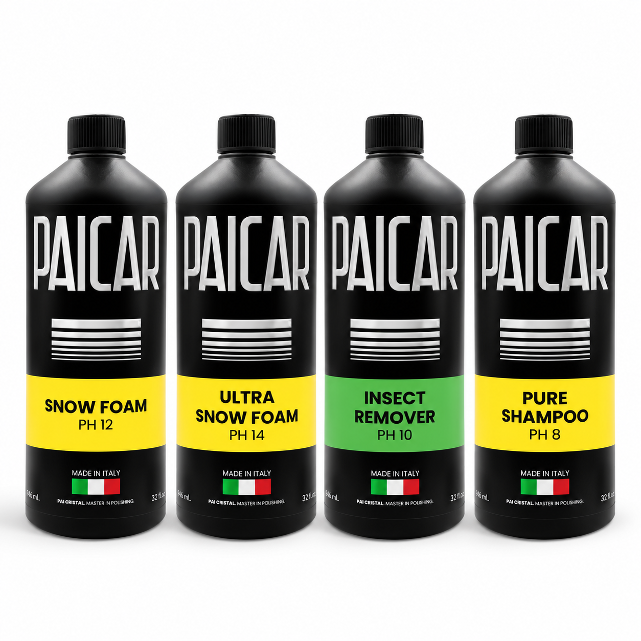 PAICAR Wash & Prep Bundle with Snow Foam, Ultra Snow Foam, Insect Remover and Pure Shampoo on a white background.