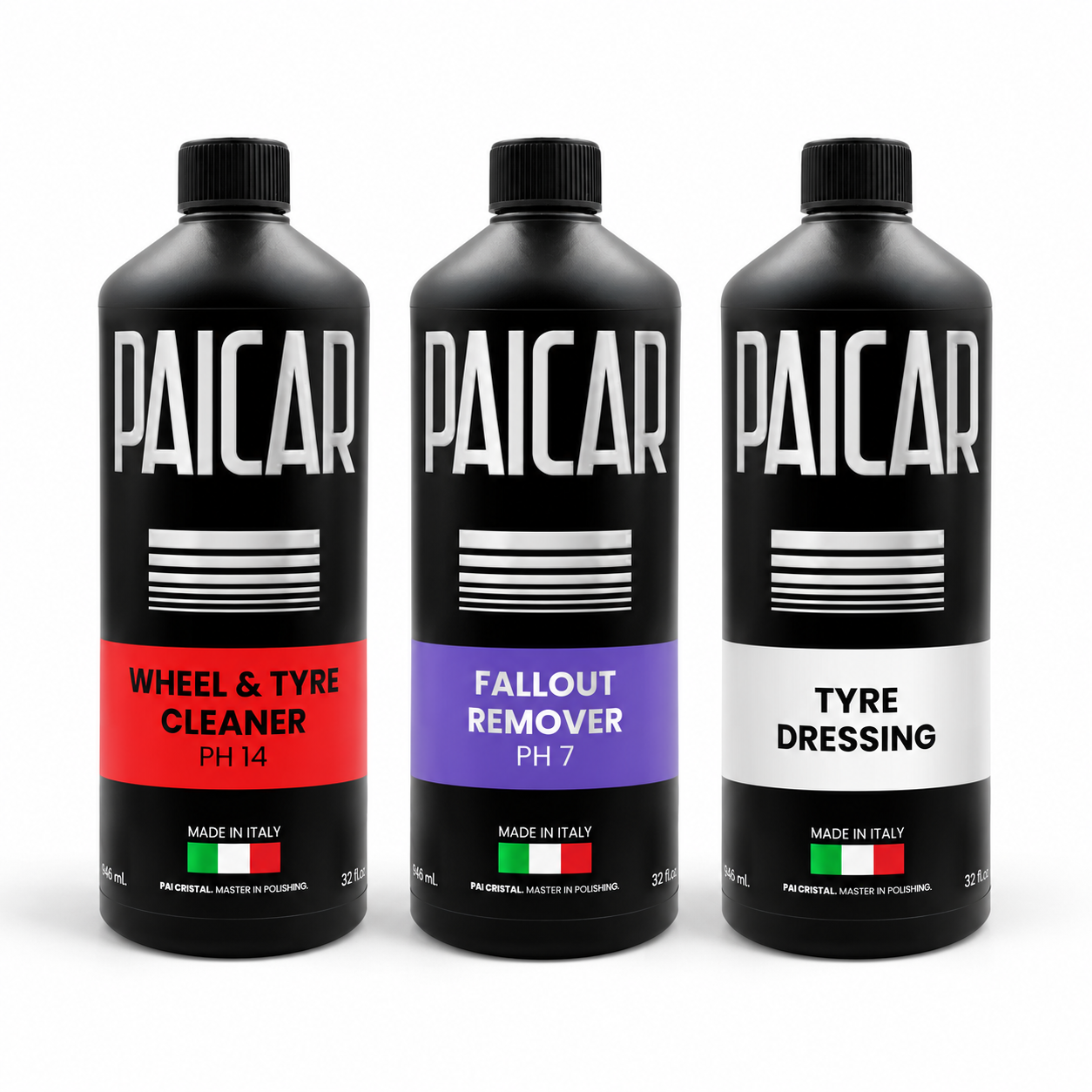 PAICAR Wheel & Tire Bundle with Wheel & Tyre Cleaner, Fallout Remover and Tyre Dressing on a white background.