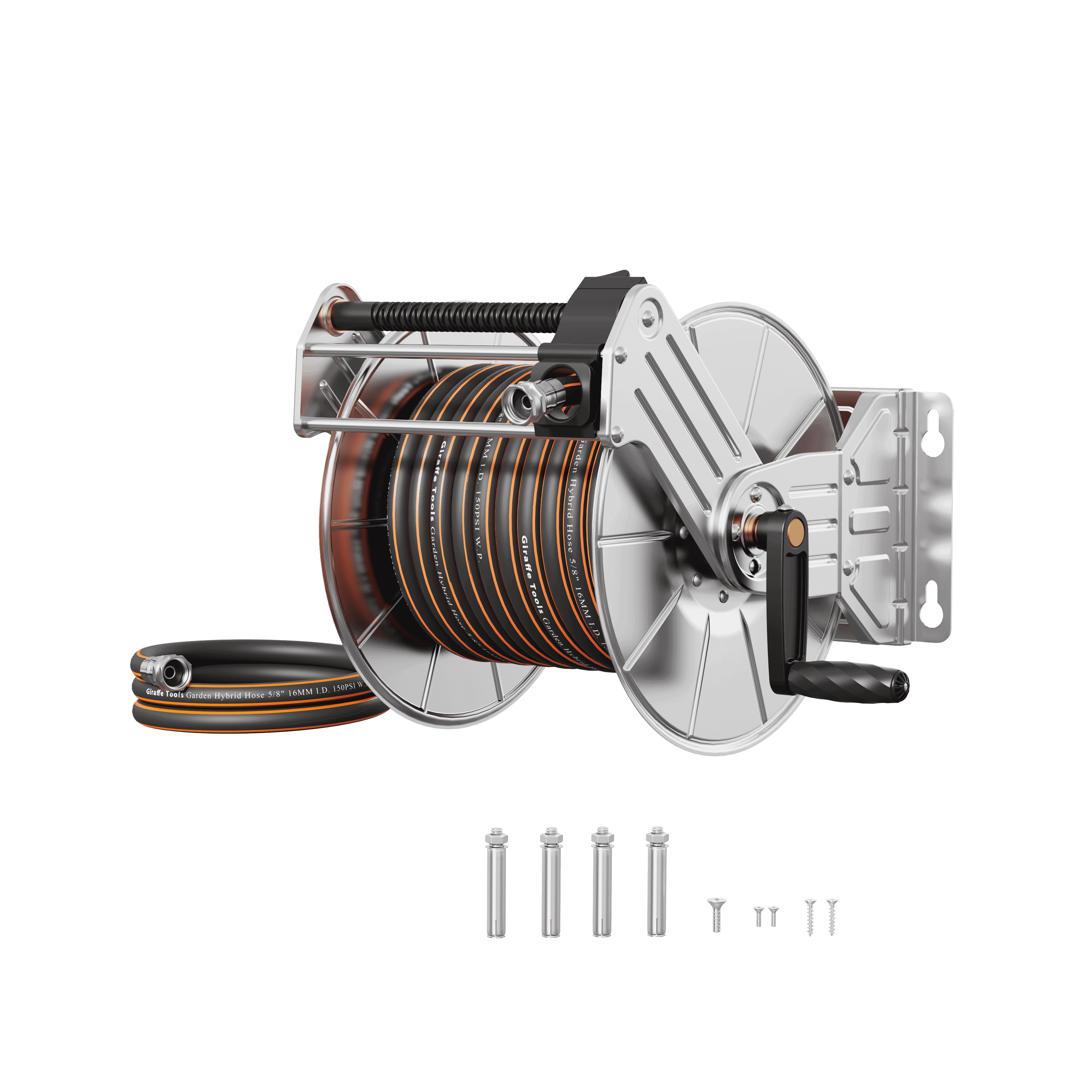Organize your outdoor space with a 304 stainless steel wall-mounted hose reel from Giraffe Tools. Rust-proof, space-saving design for gardens, garages & patios.