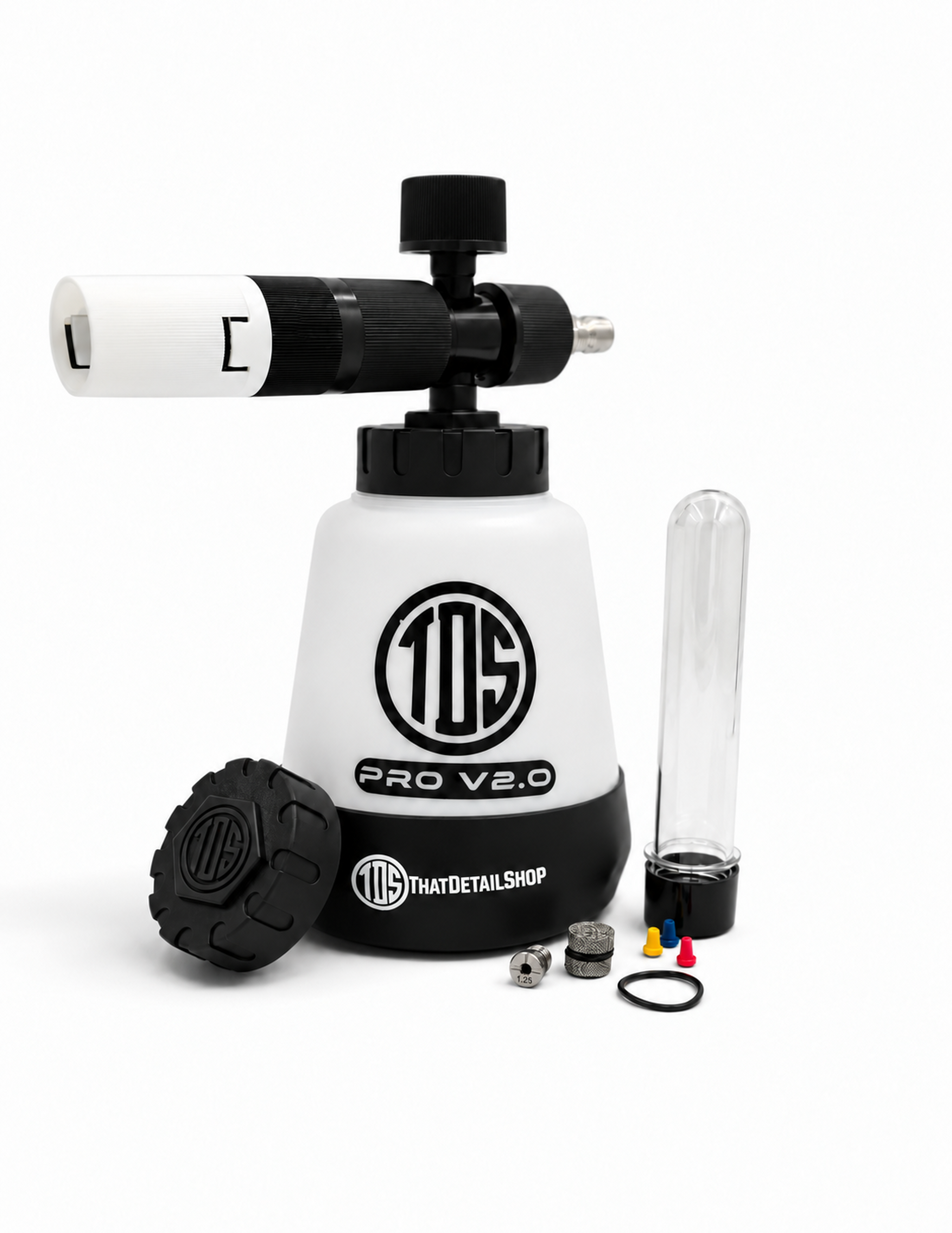 TDS Pro V2.0 single foam cannon with branded cap and accessories including a 1.25 orifice.