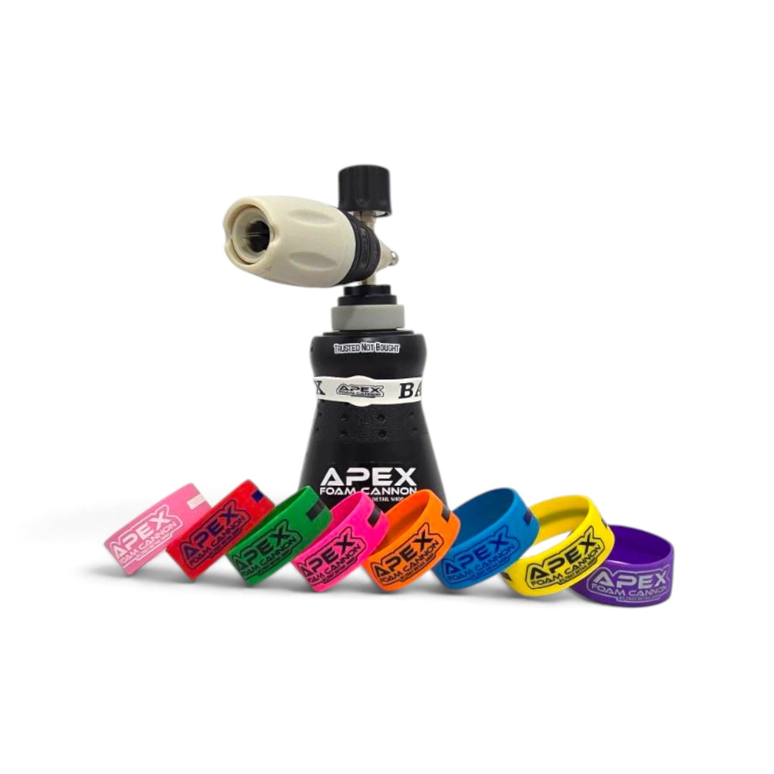 That Detail Shop Apex Foam Cannon with a black body and a set of colorful silicone identification bands for detailing.
