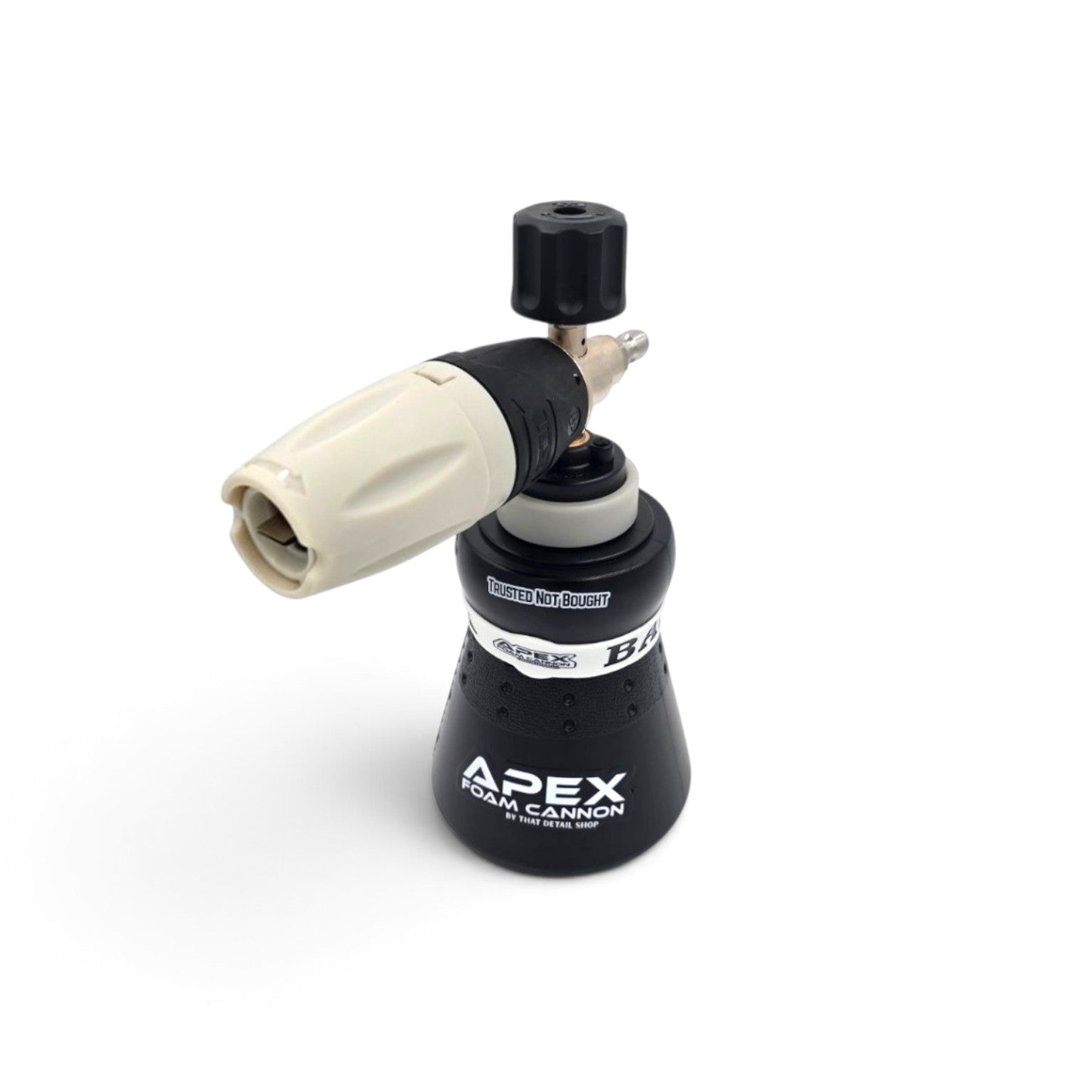 That Detail Shop Apex Foam Cannon for pressure washers featuring a sleek black and white design for car detailing.