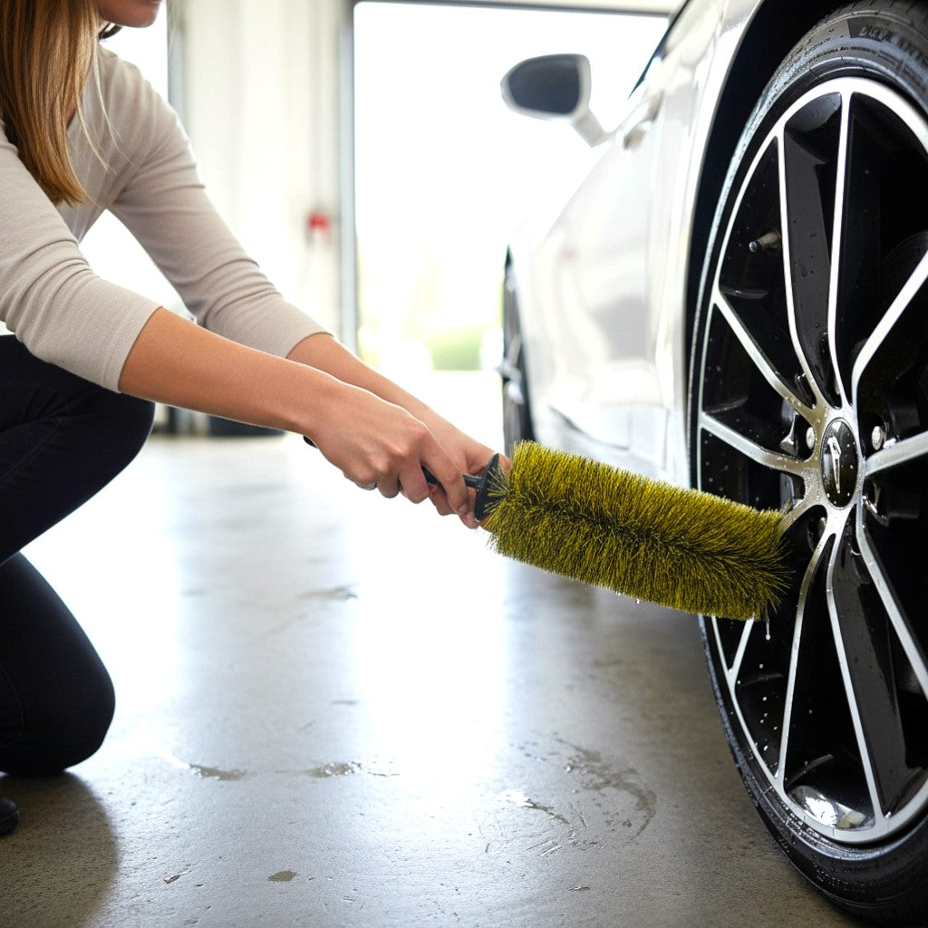 That Detail Shop yellow barrel brush cleaning a car's black and silver alloy wheel.