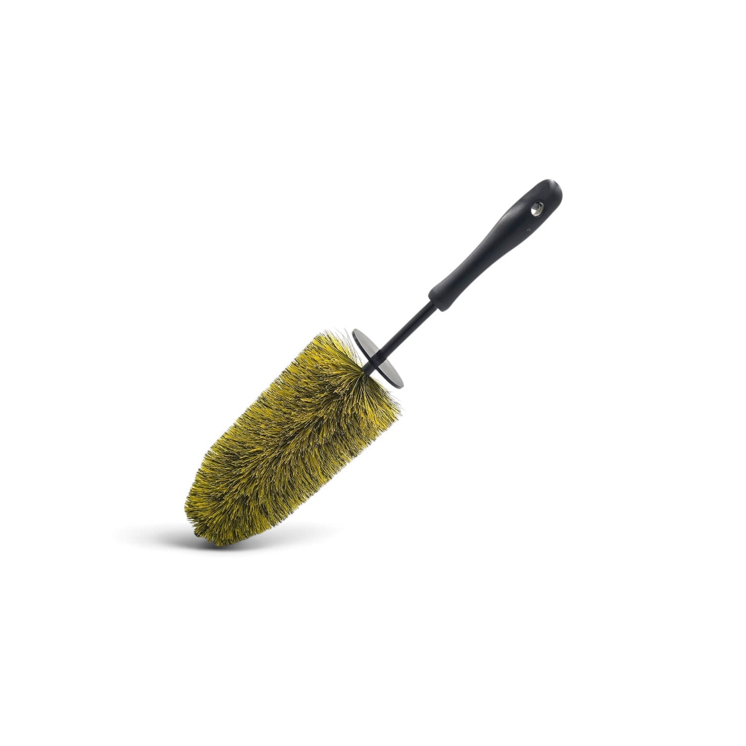 That Detail Shop barrel brush with yellow bristles and a black handle for cleaning tight automotive wheel areas.