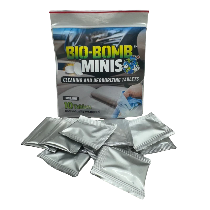 That Detail Shop Bio-Bomb Minis dissolvable cleaning and deodorizing tablets, 10 individually wrapped tablets.